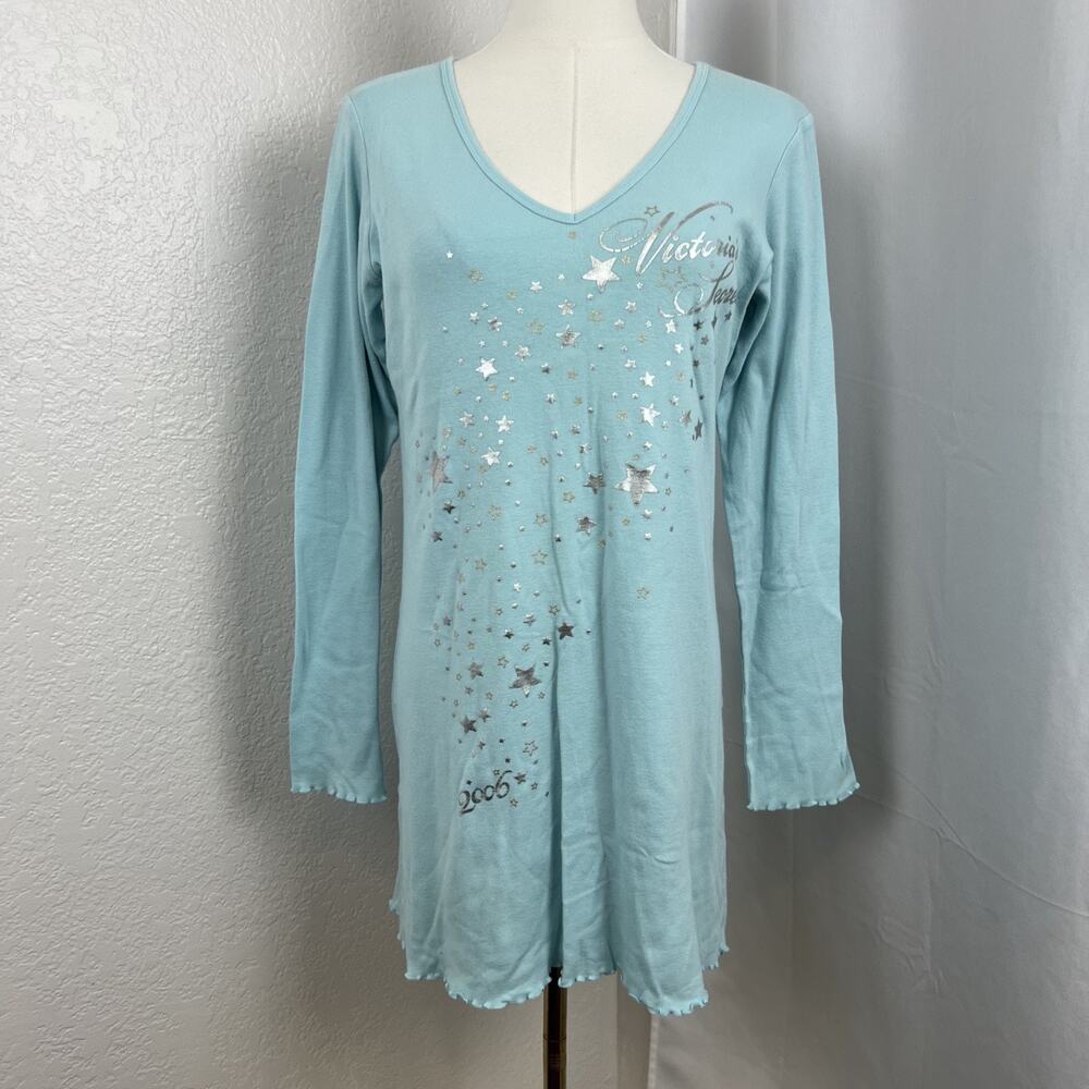 VTG Victorias Secret Sleep Top Womens Medium Blue Lettuce Hem Y2K Lounge 2006